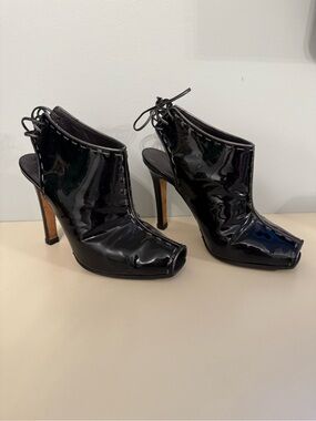 Manilo Blahnik Patent Leather Open Toe Booties